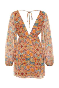 TRENDYOLMİLLA Orange Ethnic Patterned Siphon Lined Mini Weaving Dress - Image 11