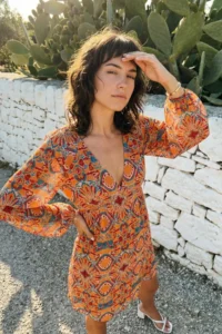 TRENDYOLMİLLA Orange Ethnic Patterned Siphon Lined Mini Weaving Dress - Image 2