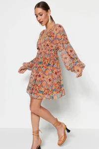 TRENDYOLMİLLA Orange Ethnic Patterned Siphon Lined Mini Weaving Dress - Image 4