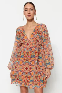 TRENDYOLMİLLA Orange Ethnic Patterned Siphon Lined Mini Weaving Dress - Image 5