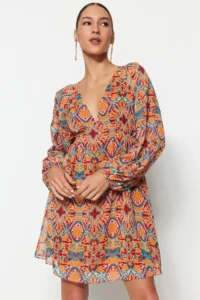 TRENDYOLMİLLA Orange Ethnic Patterned Siphon Lined Mini Weaving Dress - Image 6