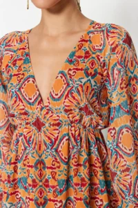 TRENDYOLMİLLA Orange Ethnic Patterned Siphon Lined Mini Weaving Dress - Image 7