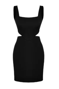 TRENDYOLMİLLA Black A-Kesim Mini Cotton Waist Dekolteli Square Neck Lined Weaving Dress - Image 7