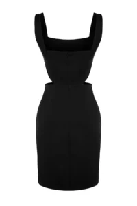 TRENDYOLMİLLA Black A-Kesim Mini Cotton Waist Dekolteli Square Neck Lined Weaving Dress - Image 8