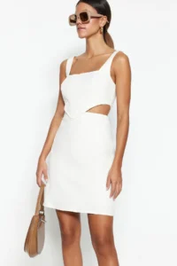 TRENDYOLMİLLA White A-Kesim Mini Cotton Waist Dekolteli Square Neck Lined Weaving Dress - Image 2