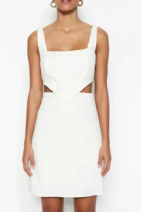 TRENDYOLMİLLA White A-Kesim Mini Cotton Waist Dekolteli Square Neck Lined Weaving Dress - Image 4