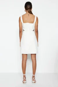 TRENDYOLMİLLA White A-Kesim Mini Cotton Waist Dekolteli Square Neck Lined Weaving Dress - Image 6