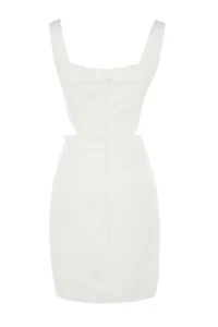 TRENDYOLMİLLA White A-Kesim Mini Cotton Waist Dekolteli Square Neck Lined Weaving Dress - Image 8