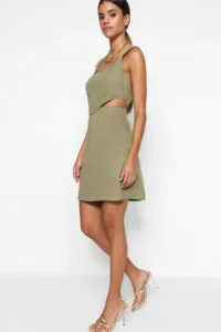 TRENDYOLMİLLA Khaki A-Kesim Mini Cotton Waist Dekolteli Square Neck Lined Weaving Dress - Image 2