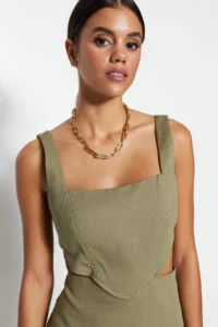 TRENDYOLMİLLA Khaki A-Kesim Mini Cotton Waist Dekolteli Square Neck Lined Weaving Dress - Image 3