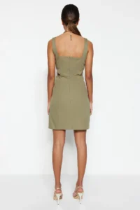 TRENDYOLMİLLA Khaki A-Kesim Mini Cotton Waist Dekolteli Square Neck Lined Weaving Dress - Image 6
