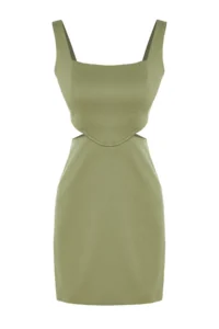 TRENDYOLMİLLA Khaki A-Kesim Mini Cotton Waist Dekolteli Square Neck Lined Weaving Dress - Image 7