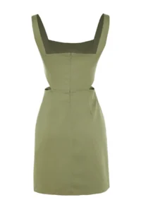 TRENDYOLMİLLA Khaki A-Kesim Mini Cotton Waist Dekolteli Square Neck Lined Weaving Dress - Image 8