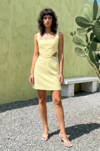 TRENDYOLMİLLA Butter Yellow A-Line Mini Cotton Waist Low-cut Square Neck Lined Weaving Dress