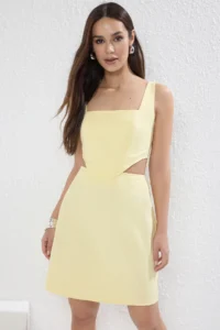 TRENDYOLMİLLA Butter Yellow A-Line Mini Cotton Waist Low-cut Square Neck Lined Weaving Dress - Image 2
