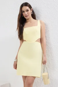 TRENDYOLMİLLA Butter Yellow A-Line Mini Cotton Waist Low-cut Square Neck Lined Weaving Dress - Image 3