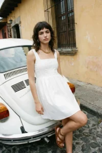 TRENDYOLMİLLA White Square Neck Sleeveless with flywheel Lined Mini Weaving Dress