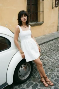 TRENDYOLMİLLA White Square Neck Sleeveless with flywheel Lined Mini Weaving Dress - Image 2