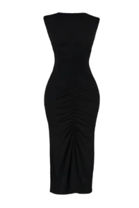 TRENDYOLMİLLA Black Fitted Ruffle Detailed Midi Flexible Knitting Pen Dress - Image 7