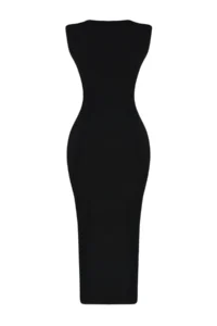 TRENDYOLMİLLA Black Fitted Ruffle Detailed Midi Flexible Knitting Pen Dress - Image 9