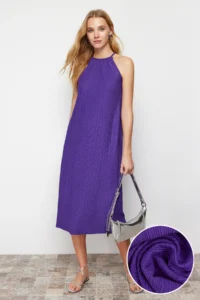 TRENDYOLMİLLA Purple shift/Plain Zero Sleeve Midi pleated Knitting Dress