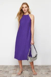 TRENDYOLMİLLA Purple shift/Plain Zero Sleeve Midi pleated Knitting Dress - Image 2