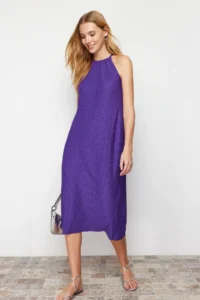 TRENDYOLMİLLA Purple shift/Plain Zero Sleeve Midi pleated Knitting Dress - Image 3