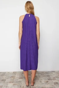 TRENDYOLMİLLA Purple shift/Plain Zero Sleeve Midi pleated Knitting Dress - Image 6