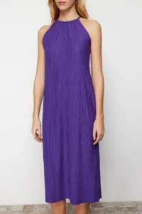 TRENDYOLMİLLA Purple shift/Plain Zero Sleeve Midi pleated Knitting Dress - Image 7