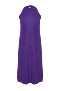 TRENDYOLMİLLA Purple shift/Plain Zero Sleeve Midi pleated Knitting Dress - Image 8