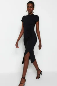 TRENDYOLMİLLA Black Fitted Midi Cotton Flexible Knitting Dress with Gathering and Slit Detail