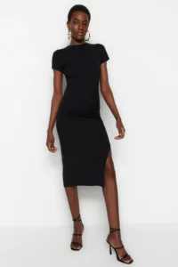 TRENDYOLMİLLA Black Fitted Midi Cotton Flexible Knitting Dress with Gathering and Slit Detail - Image 2