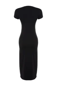 TRENDYOLMİLLA Black Fitted Midi Cotton Flexible Knitting Dress with Gathering and Slit Detail - Image 8