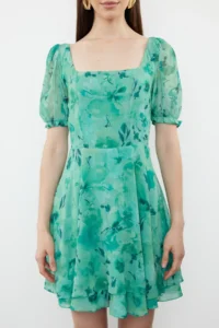 TRENDYOLMİLLA Green Patterned Mini Lined Siphon Weaving Dress - Image 4