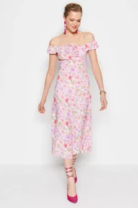 TRENDYOLMİLLA Purple flower patterned A Cut Carmen Collar Form Midi Weaving Dress