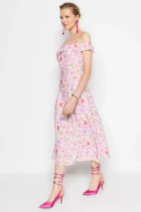TRENDYOLMİLLA Purple flower patterned A Cut Carmen Collar Form Midi Weaving Dress - Image 2