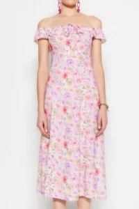 TRENDYOLMİLLA Purple flower patterned A Cut Carmen Collar Form Midi Weaving Dress - Image 3
