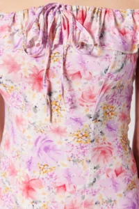 TRENDYOLMİLLA Purple flower patterned A Cut Carmen Collar Form Midi Weaving Dress - Image 4