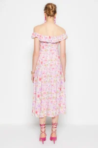 TRENDYOLMİLLA Purple flower patterned A Cut Carmen Collar Form Midi Weaving Dress - Image 5