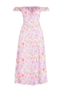 TRENDYOLMİLLA Purple flower patterned A Cut Carmen Collar Form Midi Weaving Dress - Image 6