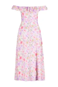 TRENDYOLMİLLA Purple flower patterned A Cut Carmen Collar Form Midi Weaving Dress - Image 7
