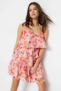 TRENDYOLMİLLA Pink flower patterned Boho Lined Siphon Flight Weaving Mini Dress - Image 3