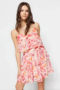 TRENDYOLMİLLA Pink flower patterned Boho Lined Siphon Flight Weaving Mini Dress - Image 5