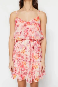 TRENDYOLMİLLA Pink flower patterned Boho Lined Siphon Flight Weaving Mini Dress - Image 6