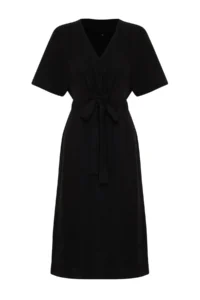 TRENDYOLMİLLA Black Binding Detailed A Cut V-neck Midi Weaving Dress - Image 11