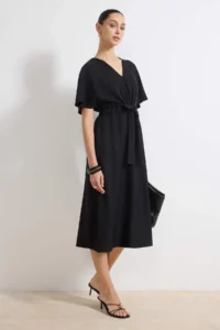 TRENDYOLMİLLA Black Binding Detailed A Cut V-neck Midi Weaving Dress - Image 2