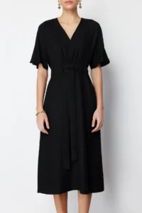 TRENDYOLMİLLA Black Binding Detailed A Cut V-neck Midi Weaving Dress - Image 9