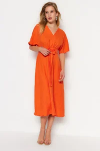 TRENDYOLMİLLA Orange Binding Detailed A Cut V-neck Midi Weaving Dress - Image 3