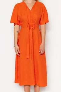 TRENDYOLMİLLA Orange Binding Detailed A Cut V-neck Midi Weaving Dress - Image 4