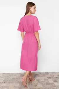 TRENDYOLMİLLA Fuchsia Binding Detailed A Cut V-neck Midi Weaving Dress - Image 10